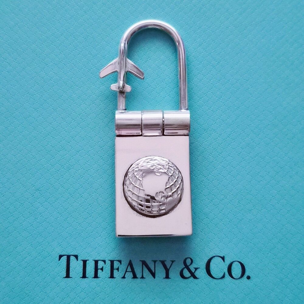RARE Tiffany & Co. Sterling Silver Globe & Airplane Travel Lock Key Ring - Picture 2 of 11